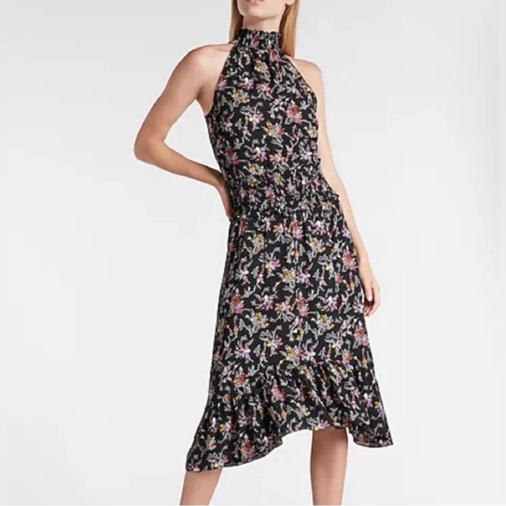 NWT Express High Neck Smocked Black Ditzy Floral Midi Dress Size Medium
